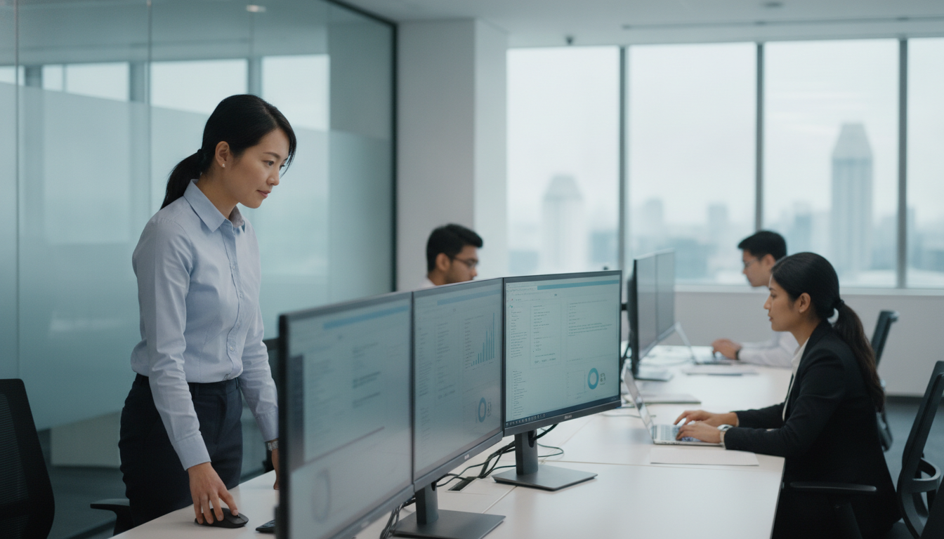 IT manager comparing Dell monitor models on an office desk in Singapore