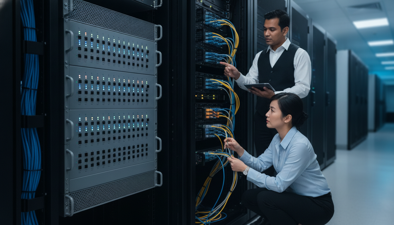 Fortinet FortiGate 1000F data centre-class firewall appliance mounted in a server rack