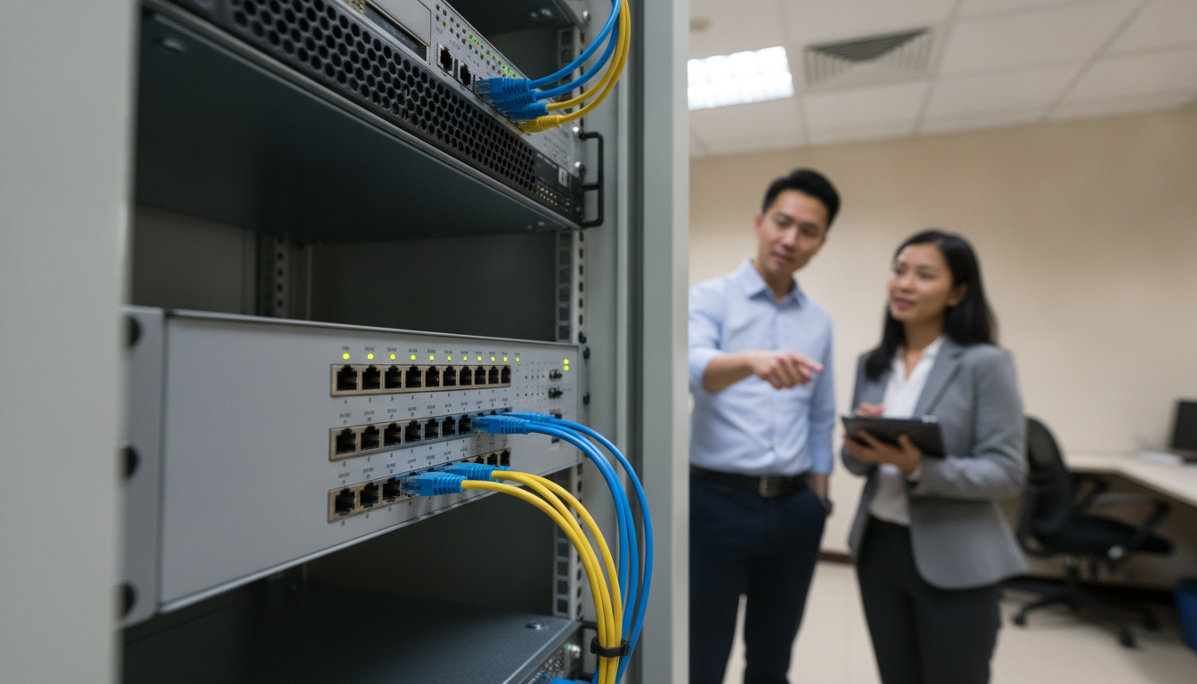 Fortinet FortiGate 70F branch firewall appliance mounted in a server rack
