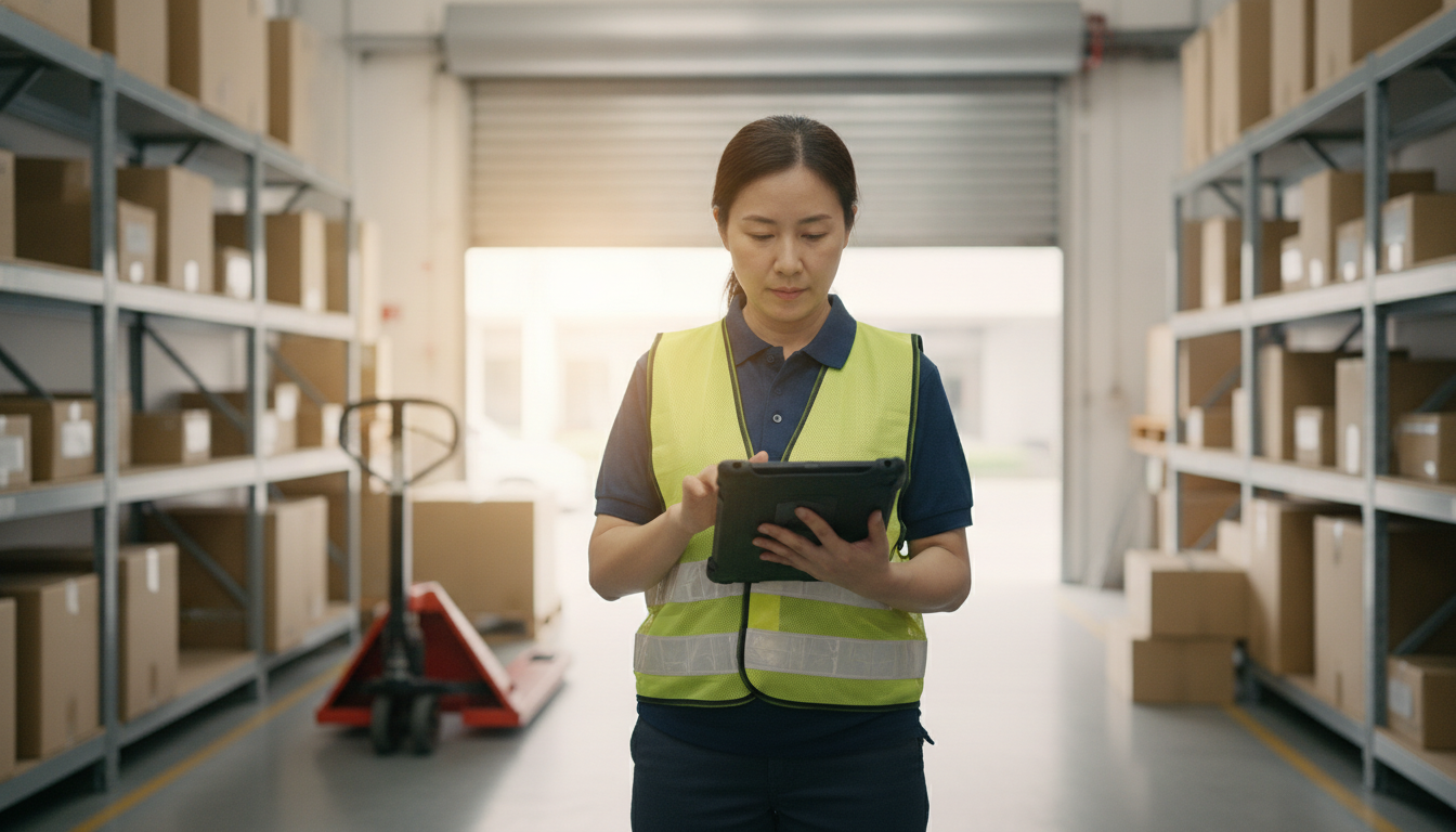 A Lenovo tablet in a rugged case being used by a warehouse supervisor to check stock in a Singapore SME storeroom