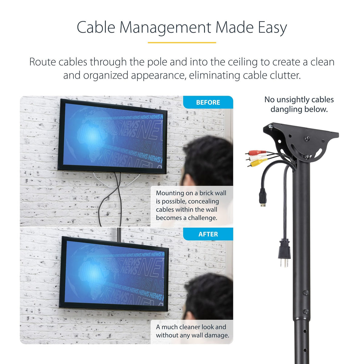 StarTech TV Ceiling Mount - Full-Motion Universal Hanging Single Screen Mount with Adjustable Telescopic Long Pole - Tilt / (FPCEILPTBLP) product image