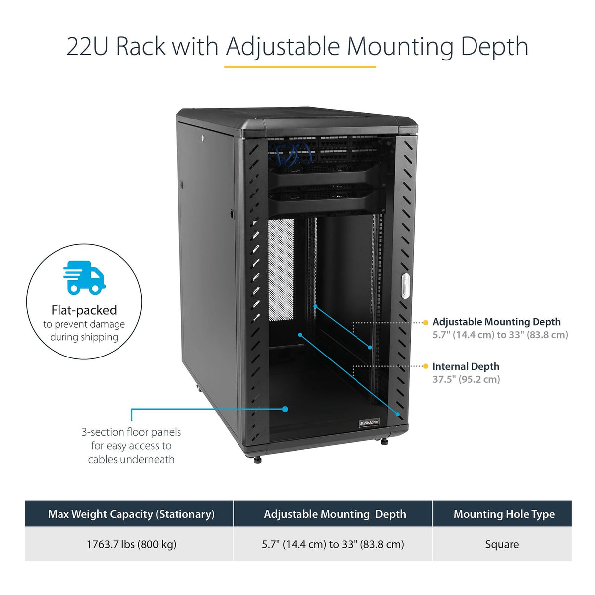 StarTech 22U Enterprise-Grade Flat Pack Server Rack Cabinet, 19in Enclosed 4-Post Rack (RK2236BKF) product image