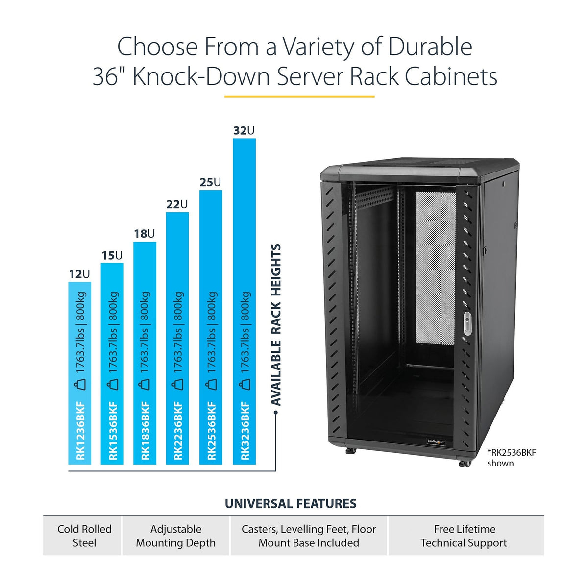 StarTech 22U Enterprise-Grade Flat Pack Server Rack Cabinet, 19in Enclosed 4-Post Rack (RK2236BKF) product image