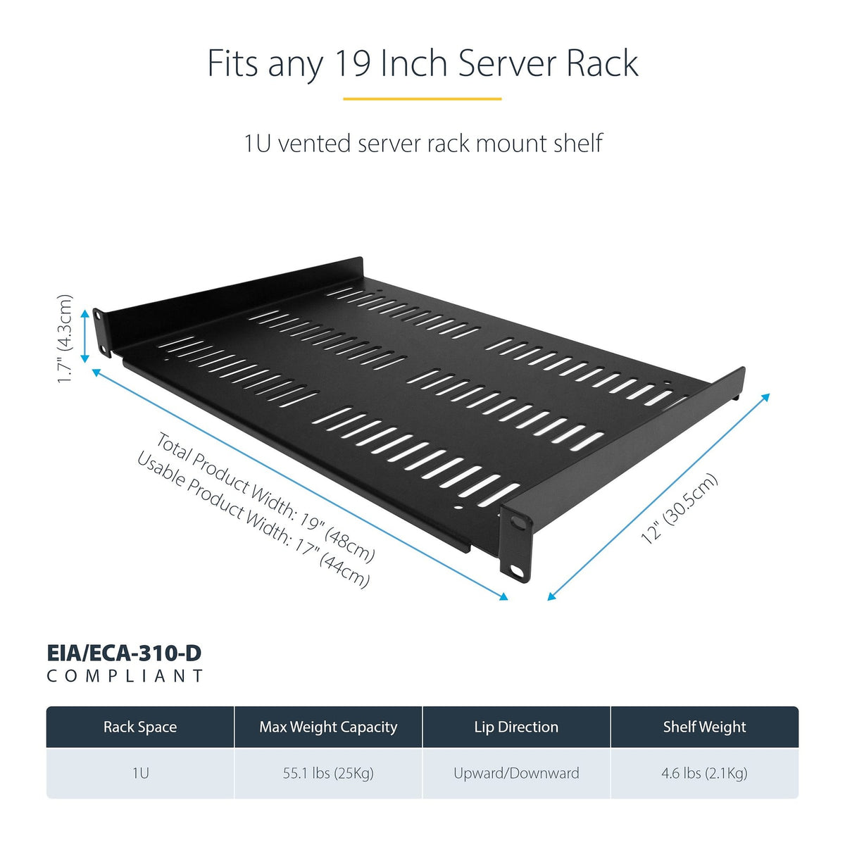StarTech 1U Vented Server Rack Cabinet Shelf 12in (SHELF-1U-12-FIXED-V) product image