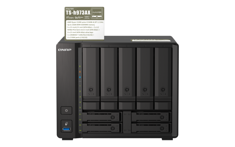 QNAP 9-bay NAS, AMD Ryzen V1500B 4C 8T 2.2GHz, 8GB , 5 x 2.5"/3.5" SATA 6Gbps + 2 x 2.5" (QN-TS-h973AX-8G) (3 Years Manufacture Local Warranty In Singapore)