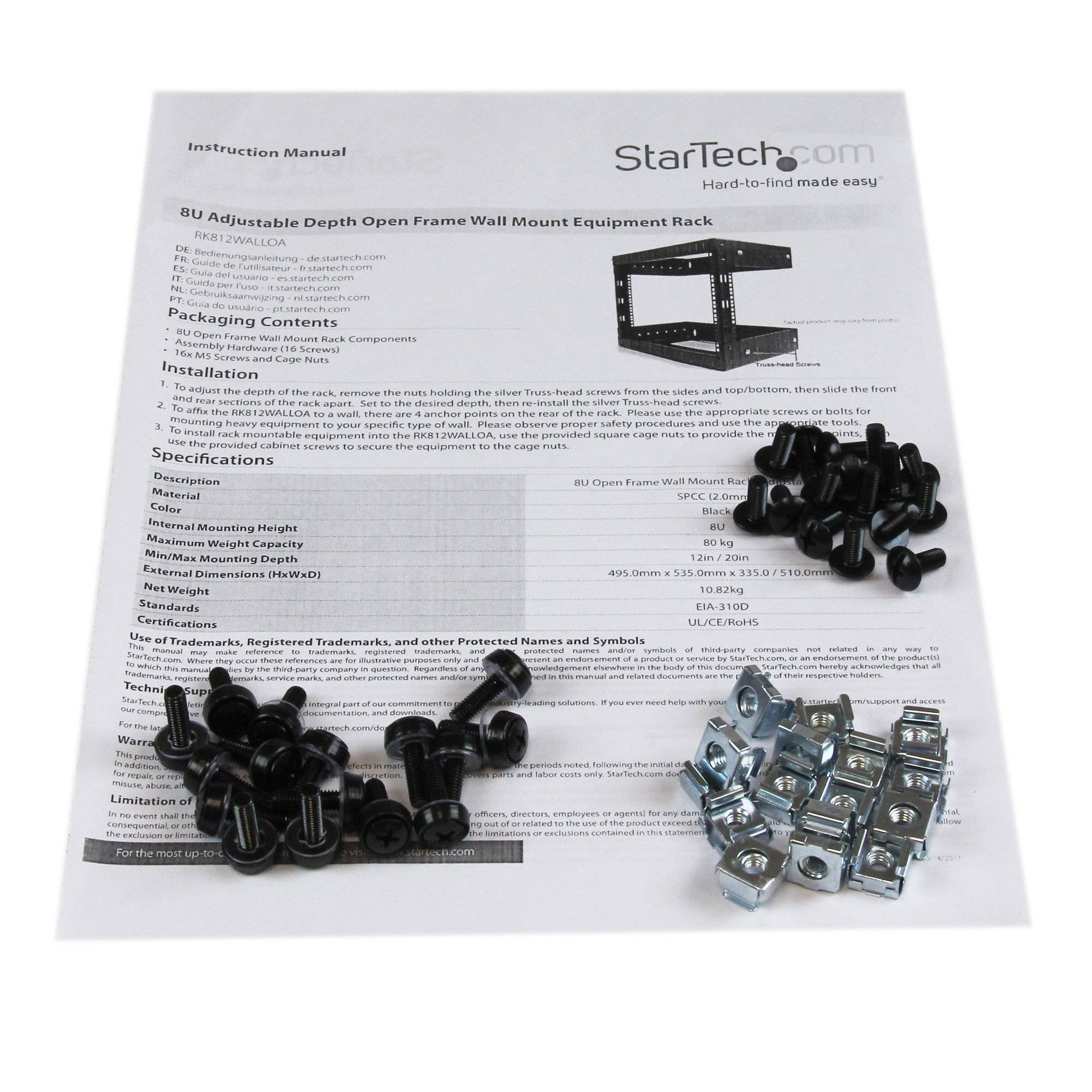 StarTech 8U 19" Wall Mount Network Rack - 12" Deep 2 Post Open Frame Server Room Rack - 12IN DEEP RK812WALLO - Buy Singapore