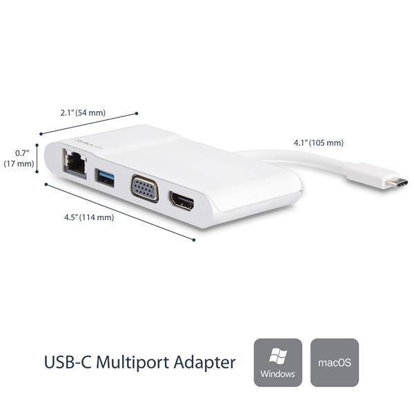 Startech USB-C Multiport Adapter - USB-C Travel Dock with 4K HDMI or 1080p VGA - Gigabit Ethernet, 5Gbps USB-A 3.0 - USB-C Digital AV Adapter - USB Type-C/Thunderbolt 3 Laptops - White DKT30CHVW (3 years Local Warranty in Singapore) - Buy Singapore