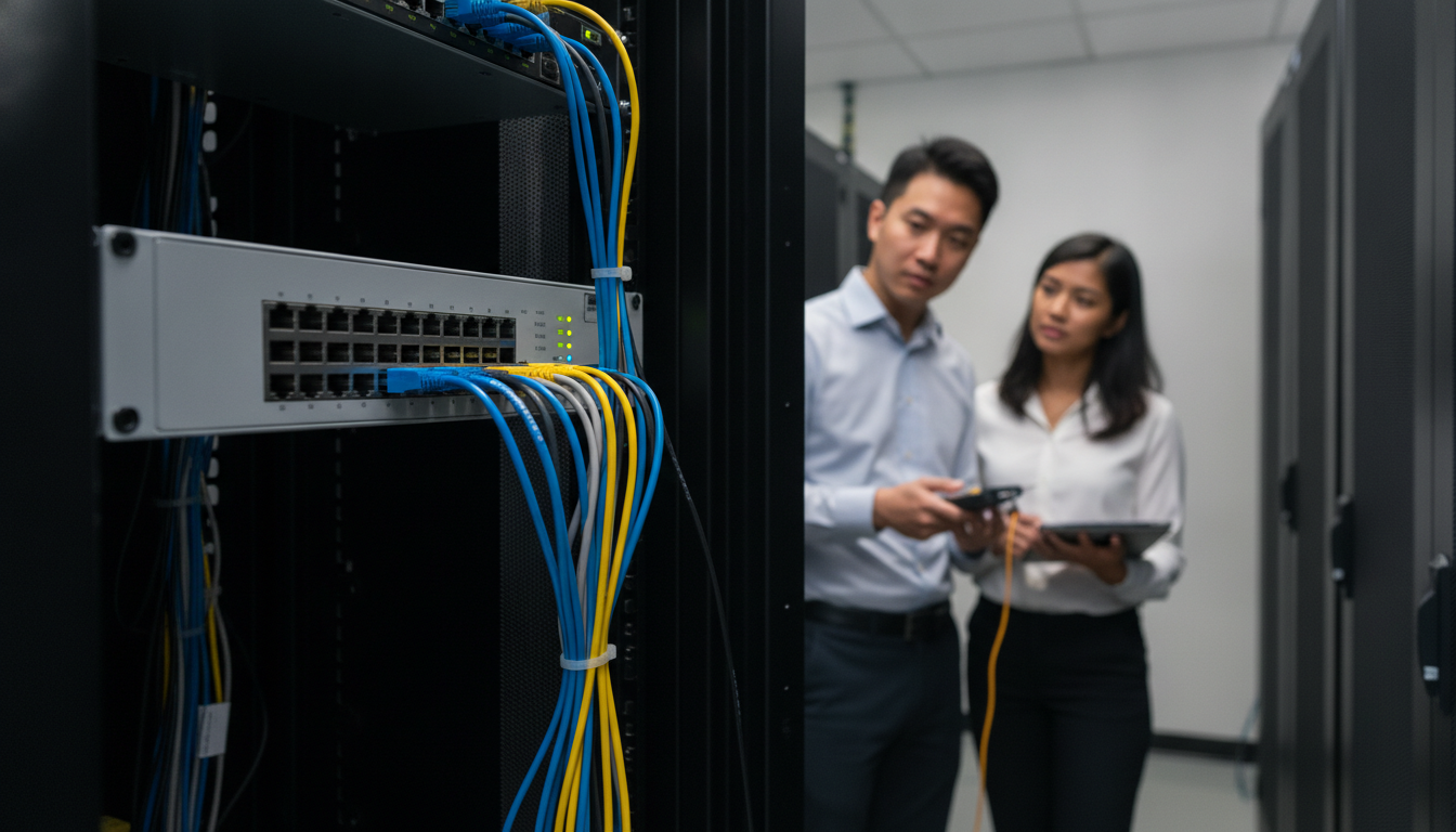 Fortinet FortiGate 80F firewall appliance with high port density mounted in a rack