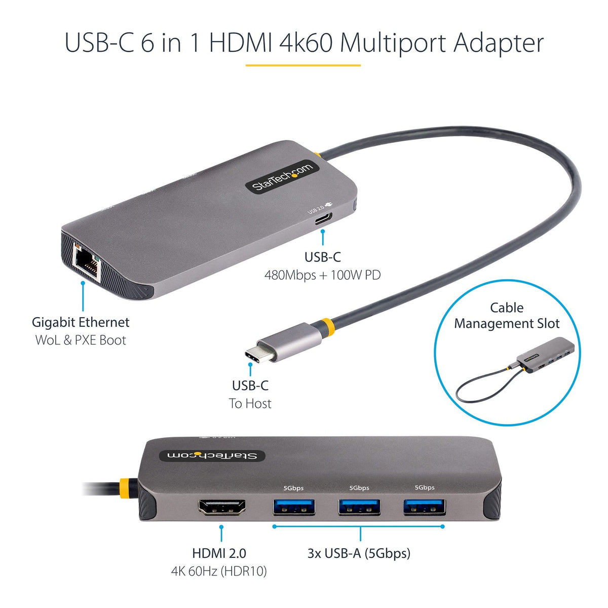 StarTech USB C Multiport Adapter, 4K 60Hz HDMI Video, 3 Port 5Gbps USB Hub, 100W Power Delivery Pass-Through, GbE, 12"/30cm (127B-USBC-MULTIPORT) product image