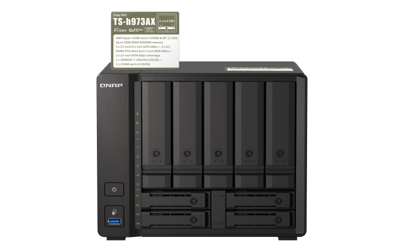 QNAP 9-bay NAS, AMD Ryzen V1500B 4C 8T 2.2GHz, 8GB  , 5 x 2.5"/3.5" SATA 6Gbps + 2 x 2.5" (TS-h973AX-8G) (3 Years Manufacture Local Warranty In Singapore)