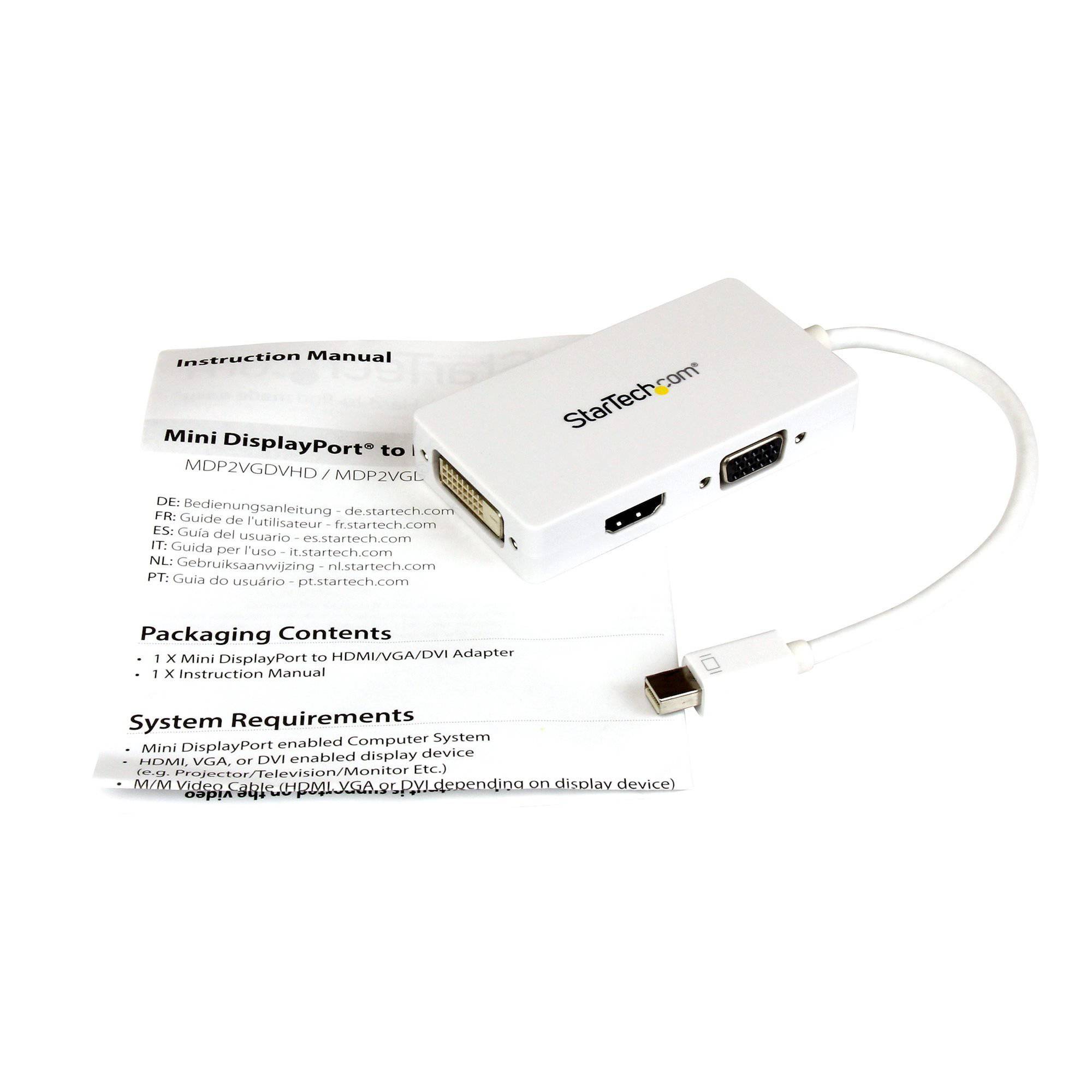 Startech Travel A/V Adapter: 3-in-1 Mini DisplayPort to VGA DVI or HDMI Converter - White MDP2VGDVHDW - Buy Singapore